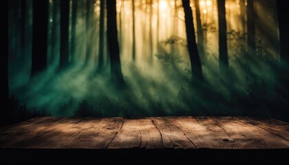 Old Wooden Table Top Podium Stand Platform  Eerie Creepy Misty Dark Forest Woods Scenery Dim Sunlight Glow View Halloween Background Backdrop Mockup Banner Product  Showcase Display Business Marketing