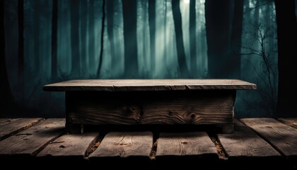 Old Wooden Table Top Podium Stand Platform on Weathered Planks Eerie Creepy Misty Dark Forest Woods Scenery Dim light View Halloween Background Backdrop Mockup Banner Product Showcase Display Business