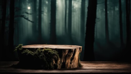 Old Wooden Stump Round Table Top Podium Stand Platform Eerie Creepy Misty Dark Forest Woods Scenery Dim Light View Halloween Background Backdrop Mockup Banner Product  Showcase Display Business