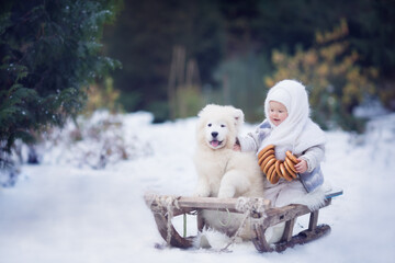 Small girl with bagels sitting on sledges with white dog in winter park
