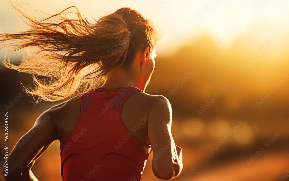 Canvas Prints Female runner training in nature, rear view.  Generative AI