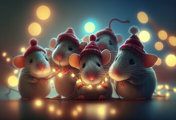 Several mice in hats close-up against the background of lights and decorations during Christmas. AI Generated