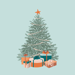 Winter postcard. Christmas tree with gifts