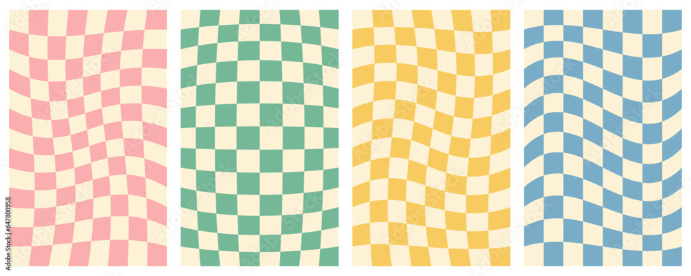 Poster vector set of groovy poster set. vertical checkerd backgrounds in trendy retro 70s style.