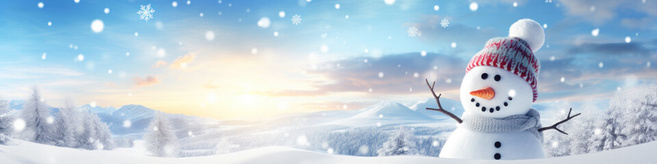 Merry christmas and happy new year greeting card with copy-space.Happy snowman standing in christmas landscape.Snow background.Winter fairytale.