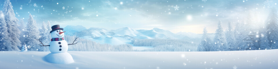 Obraz premium Merry christmas and happy new year greeting card with copy-space.Happy snowman standing in christmas landscape.Snow background.Winter fairytale.