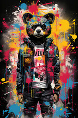 Graffiti art portrait of a panda bear painted in a spectrum of diverse colors.