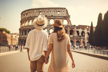 Travel, vacation, romance concept. Young couple traveling and walking in Rome, Italy. Colosseum in background. Man and woman view from behind. Summer background. Generative AI