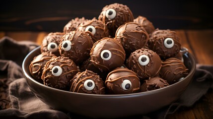 Close up of spooky Chocolate covered Eyeballs. Halloween Food Backdrop