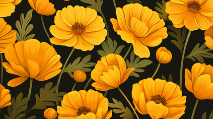nature textured marigold flowers seamless patter, vivid color background, flat minimalist vector illustrations