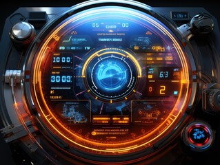 Futuristic HUD( Heads - Up Display) interface with holographic elements and data visualization Generative AI