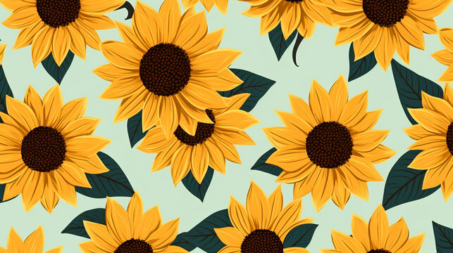nature textured sunflower flowers seamless patter, vivid color background, flat minimalist vector illustrations