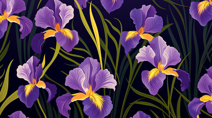 nature textured iris flowers seamless patter, vivid color background, flat minimalist vector illustrations