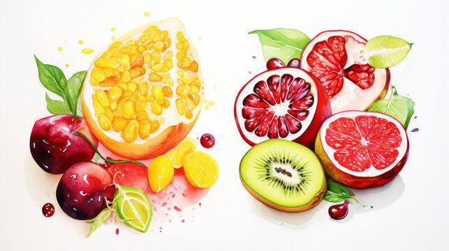 Vibrant Watercolor Fruit Art: Exquisite Illustrations Depicting Fresh and Luscious Fruits in a Delicate Watercolor Palette