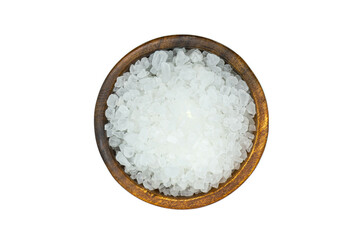 Coarse salt in wooden bowl isolated on white background top view
