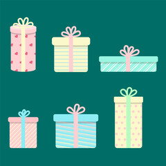 Pastel kawaii design gift box set minimal style. Set of cute gift boxes with ribbon for any occasions. Gift boxes collection vector illustration isolated on green background.