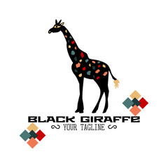 Black giraffe with colored inserts and with two multicolored squares. Logo with text on white background
