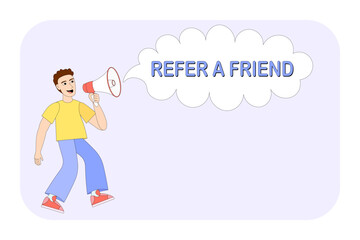 Refer a friend. Referral Program. Bonus reward. Young man holding megaphone. Boy speaking and shouting. Loudspeaker. Social media. Refer and earn