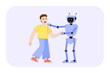 Human and robot shake hands. Concept of cooperation, partnership. Technology in business. Artificial intelligence. AI helps to improve working process. Machine learning. AI chatbot. Powered by AI