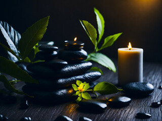 cosmetic oil, candle black stones leaves, spa concept