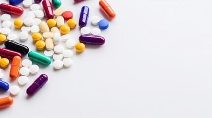 Colorful pills, tablets, capsules close-up, on white background. Banner with copy space. Pharmaceutical Industry Day. World Pharmacy Day - obrazy, fototapety, plakaty