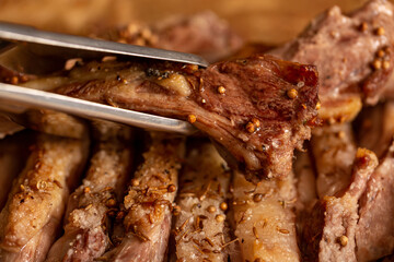 Lamb loin baked in spices, close-up