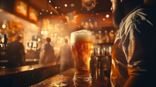 Young bearded man drinking beer in pub or bar. octoberfest concept