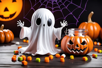 little white ghost with candy jar doing trick or treating, concept Religion and Culture, generative ai