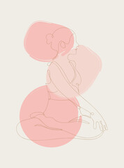 Minimalist poster of yoga. Continuous Line art poster, yoga pose, woman doing yoga on colored spots. Boho continuous line yoga exercise art print. 