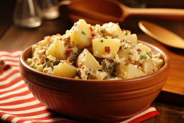 Potato salad with bacon and parsley in bowl on wooden table