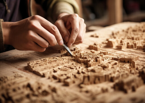 Close-up of carpenter's hands working with wood carving.
