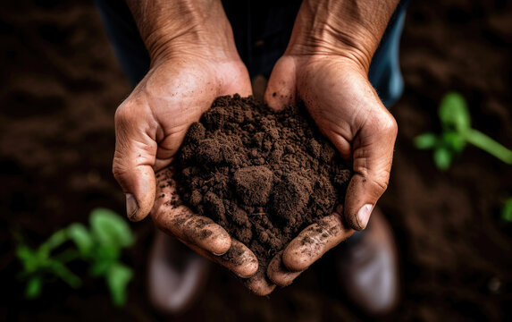 Top view of fertile soil in hands. Checking the quality of the soil before seed plant. Future agriculture concept. Generative AI