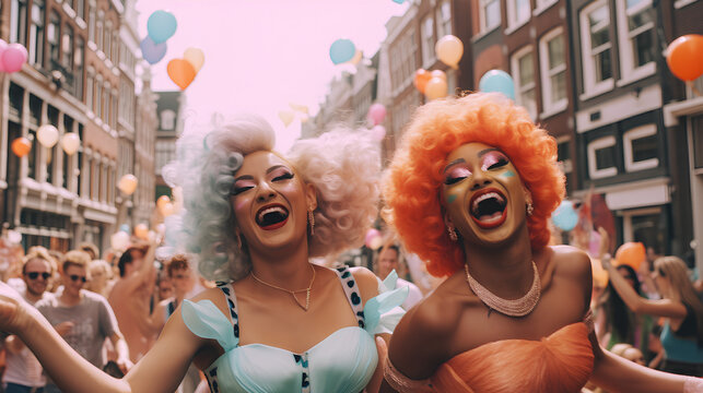 An image of a transgender couple of women in bright costumes at the parade.