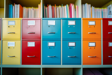 Cabinets With Colorful Folders And Files with labels. Office Background Concept. Ai Generated