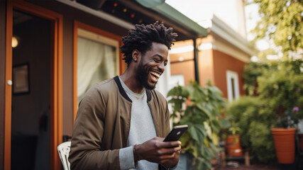 Fototapeta premium Black man laughing with phone in hand 2