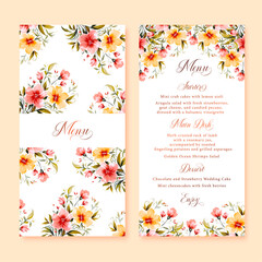 Watercolor floral wedding menu cards with pink and yellow wild flowers, gold calligraphy, vector clipart.