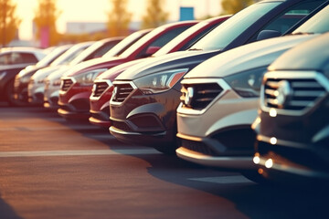 Parking lot with row of new cars, close-up.