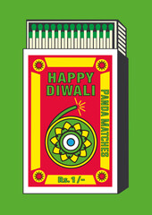 happy diwali, bursts, illuminations, sparklers, and fire flower. icon in Matchbox, matches vector illustration. Vintage or antique packaging design. retro style packaging. Indian art old style design.