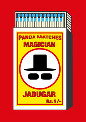 magician, charmer, genius, virtuoso, witch, wizard, conjurer, icon in Matchbox, matches vector illustration. Vintage or antique packaging design. retro style packaging. Indian art old style design.