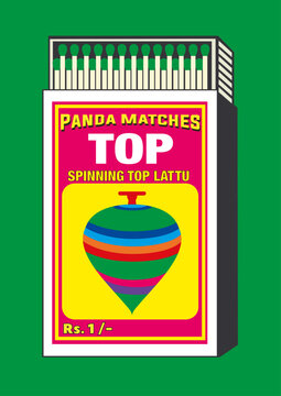 Spinning Top, Lattoo, Lattu icon. in Matchbox and matches vector illustration. Vintage and antique matchbox packaging design illustration. retro style packaging. old style design. Indian art style.