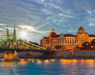 Budapest dusk view. Long exposure. Hungarian landmarks, Freedom Bridge and Gellert Hotel Palace.