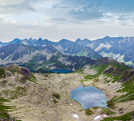 Tatra Mountain view to group of glacial lakes from path Kasprowy Wierch to Swinica mount, Poland.