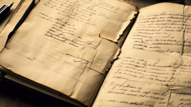Old handwritten diary on vintage paper background, selective focus