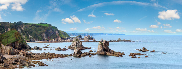 Atlantic Ocean coastline landscape, view from Silencio beach in Cudillero, Asturias, Spain. Five...