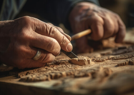 Close up of a carpenter working on a wooden table in his workshop - Powered by Adobe