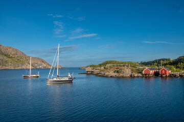 Nusfjord, an idyllic fishing village on the shores of the Vestfjorden, Flakstad Island, Lofoten Islands, Nordland, Norway.
