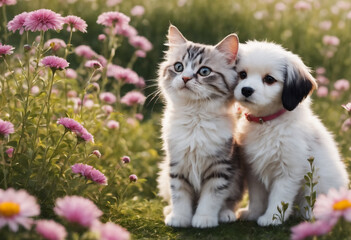 Cute and adorable little fluffy cat and dog on meadow. Generative AI - obrazy, fototapety, plakaty