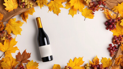 Top view of a bottle of red wine on a white background with a frame of fallen leaves and grapes. Blank space for product placement or advertising text.