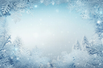 Frosty frame and snowflakes on a blue snowy forest background. Empty space in the center for product placement or advertising text.