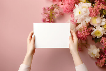 Obraz premium Top view of female hands holding a white envelope or box on a pink floral background. Empty space on the package for product placement or advertising text.
